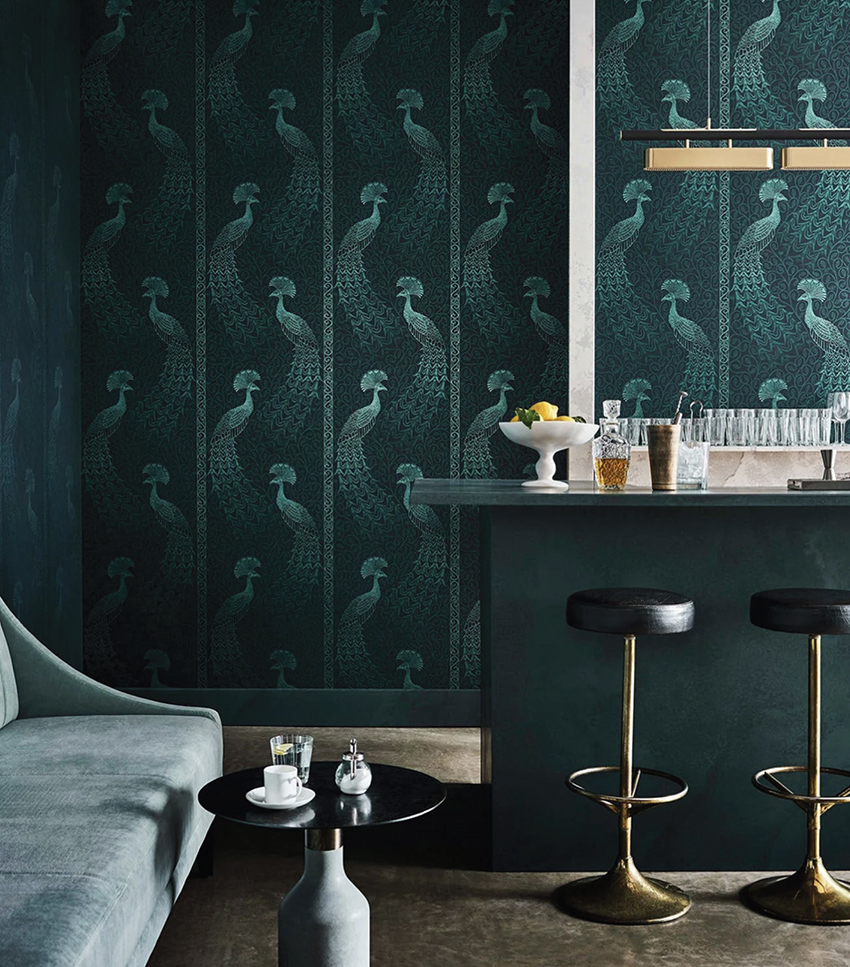 Pavo Parade luxury bird wallpaper with proud peacocks and ornate tail feathers in a dramatic repeat pattern