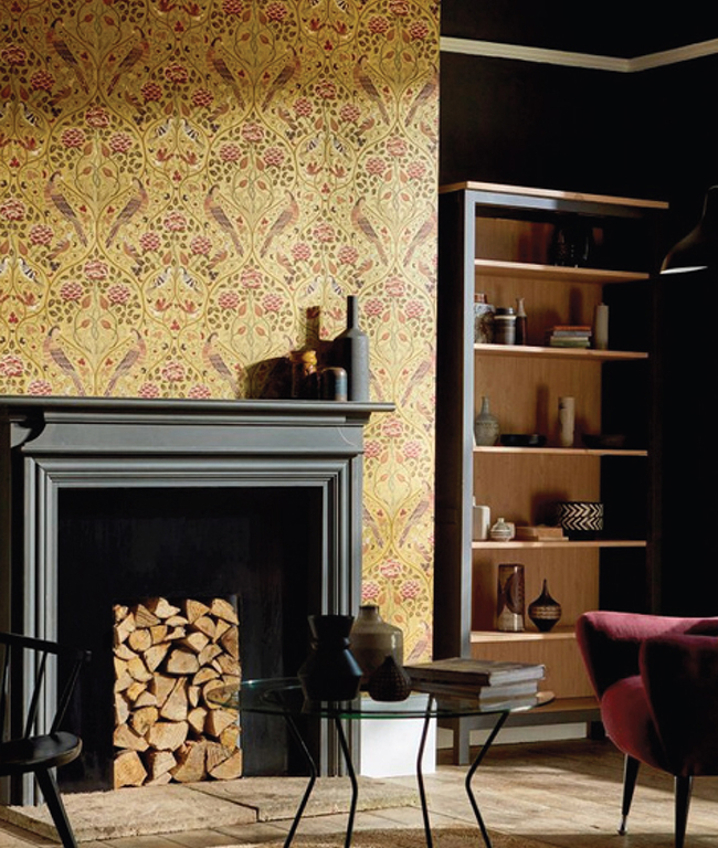 Seasons wallpaper by Morris & Co with birds and scrolling leaves in a traditional Arts and Crafts style