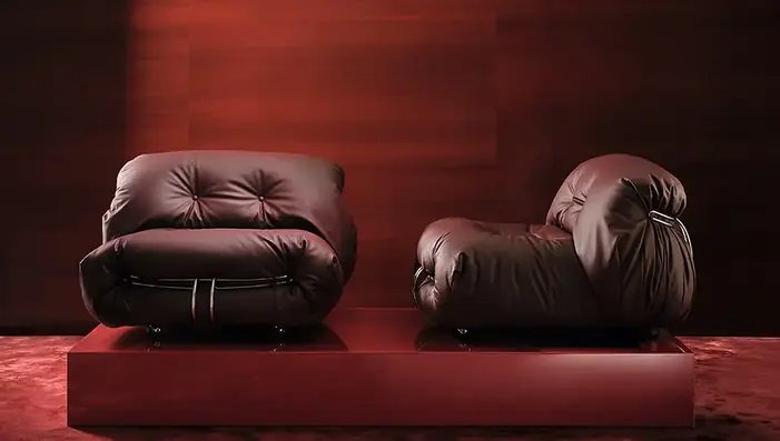 Contemporary lounge chairs upholstered in rich burgundy leather