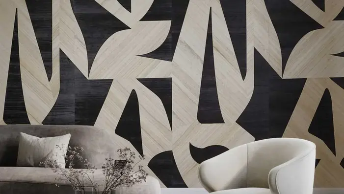 Phillip Jeffries Modern Muse abstract wallpaper in a contemporary living room