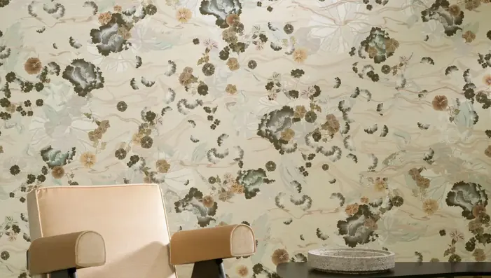 Arte Koi wallpaper with delicate East Asian-inspired blossom and birds in a contemporary interior