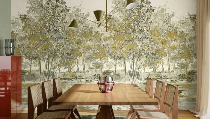 Gold and grey woodland tree wallpaper in a contemporary dining room