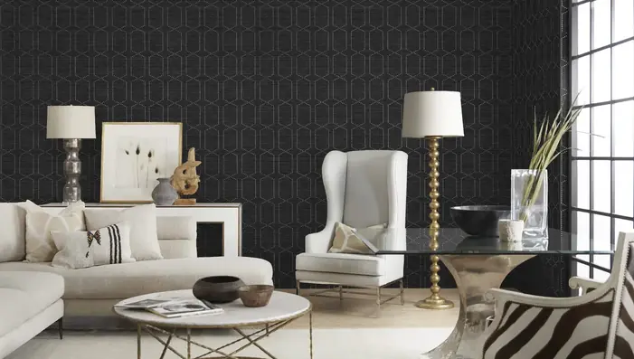 Dark wallcovering with raised geometric detailing in a contemporary living room