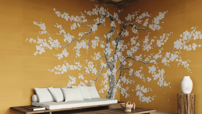 Japanese blossom mural wallpaper in a contemporary interior