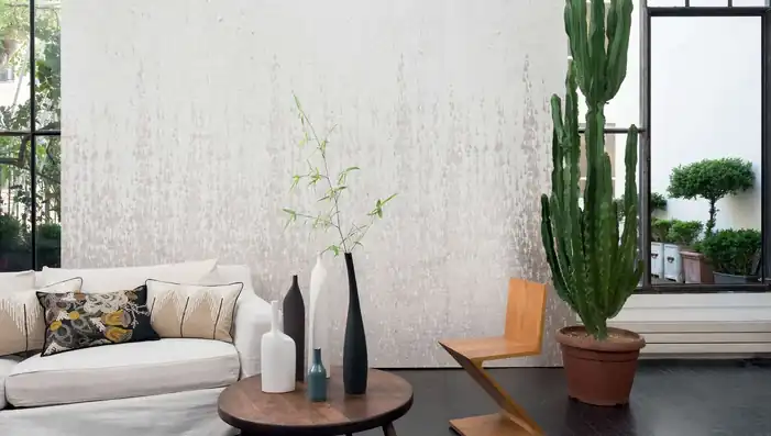 Pale grey textured wallpaper in a light contemporary interior