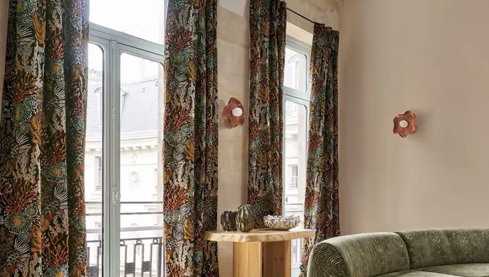 Casamance Moana patterned fabric used for curtains in a contemporary interior