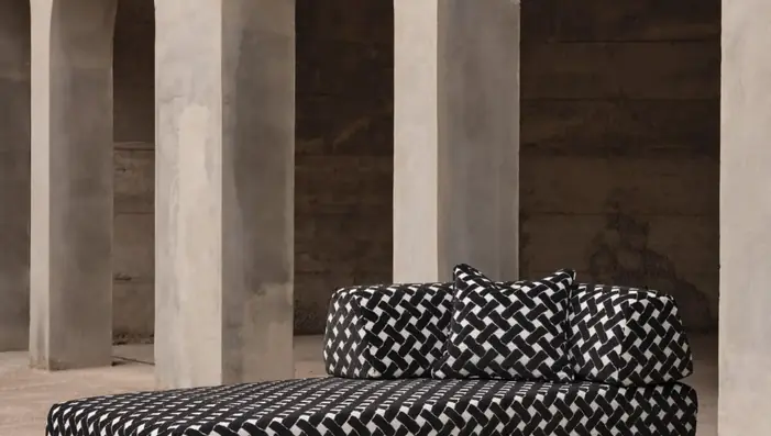 Black and white geometric upholstery fabric used on contemporary seating
