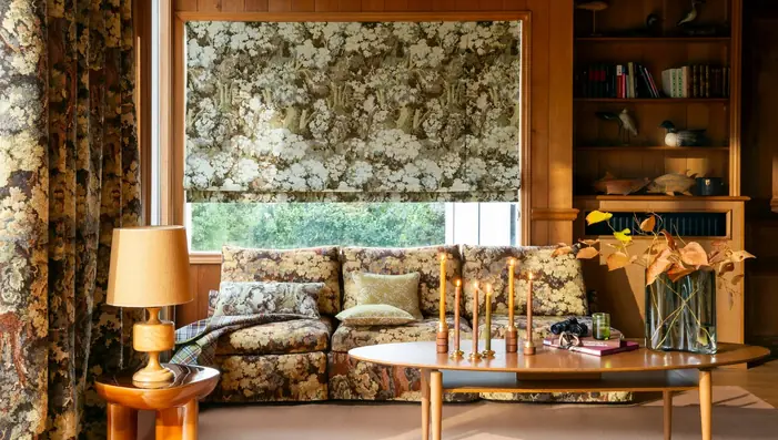 Botanical jacquard fabric used for curtains, a Roman blind, sofa upholstery and cushions