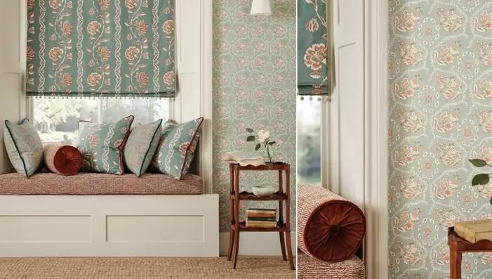 Nina Campbell Dauphine fabric used for blinds, cushions and decorative furnishings