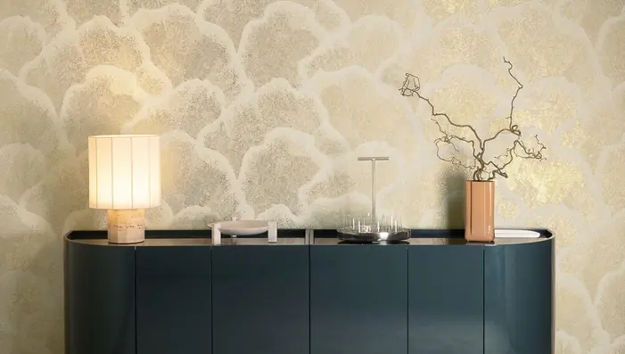 Arte Nefeli white and gold 90cm wide width wallpaper in an elegant dining room