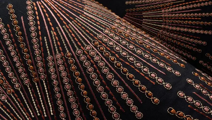 Close up detail of an embroidered wallcovering
