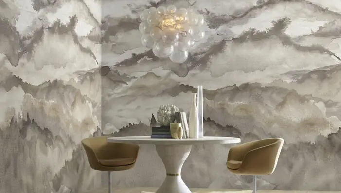 Abstract Feature Wallpaper in living room with modern chairs and table.