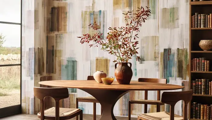 Colourful abstract Vinyl Wallpaper used in a dining room setting