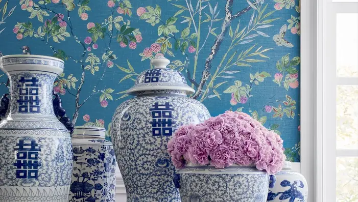 Beautiful wallpaper featuring foliage and birds in elegant interior setting