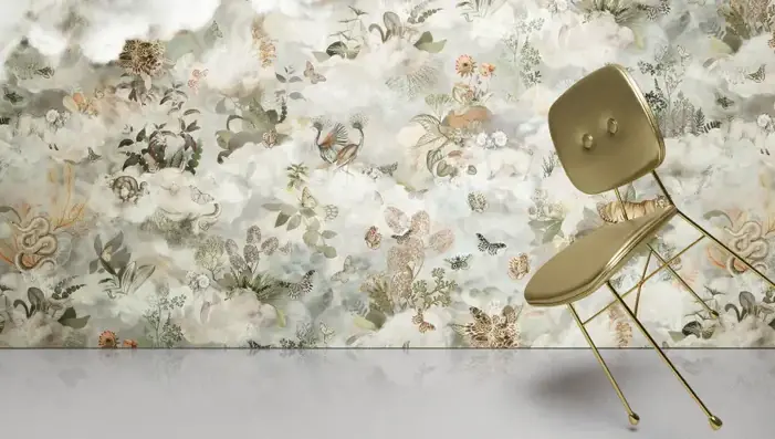 Moooi Nuvolette cloud wallpaper creating a surreal contemporary interior.