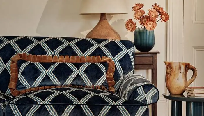 Linwood Inca printed velvet fabric with an irregular diamond pattern in rich contemporary colourways