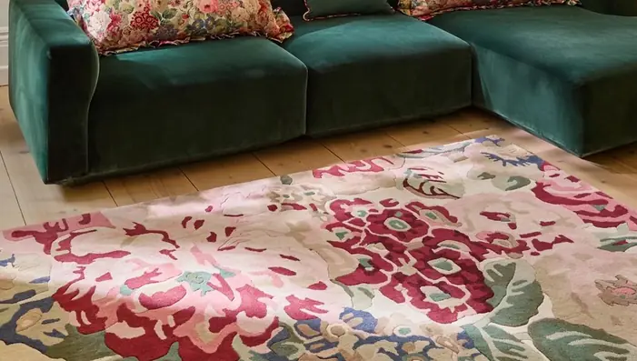 Sanderson Rose & Peony rug in a coordinated living room