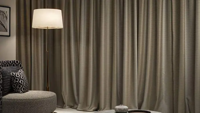 Sekers Zavian blackout drapery fabric styled in a luxury interior