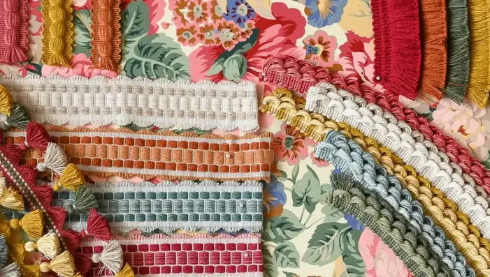 Sanderson decorative trimmings, tassels and braids with patterned fabric