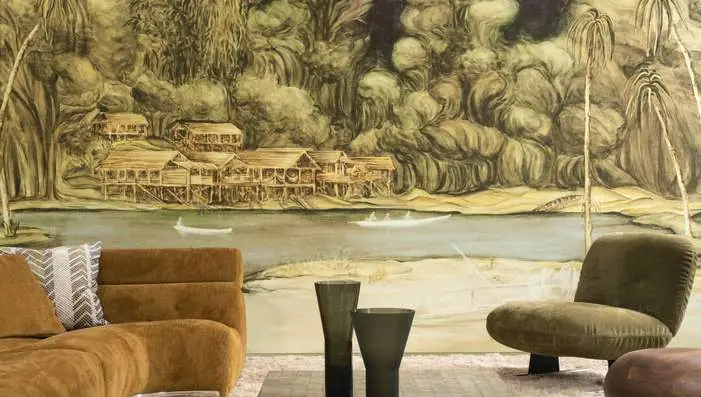 Arte Ombre wallpaper featuring colourful gradients, tree silhouettes and atmospheric linen-textured designs