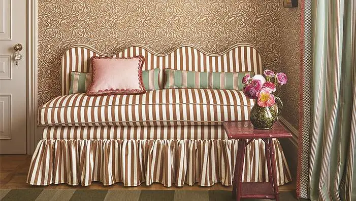 Romo Averly fabrics with hand-carved block print inspiration, pomegranates, geometrics and woven stripes
