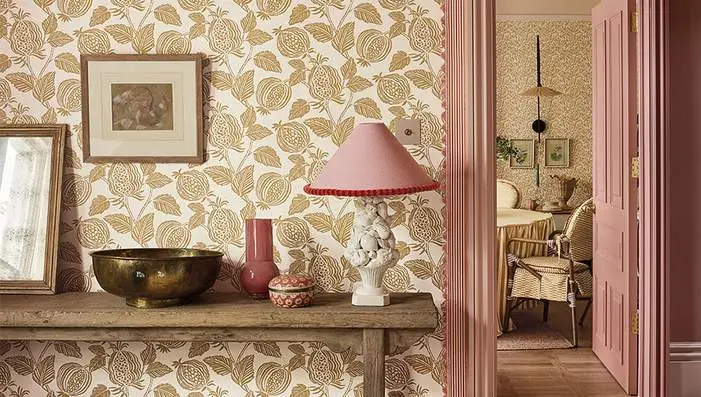 Romo Averly Wallcoverings featuring pomegranates, geometrics, stripes and hand-carved inspired surface printing