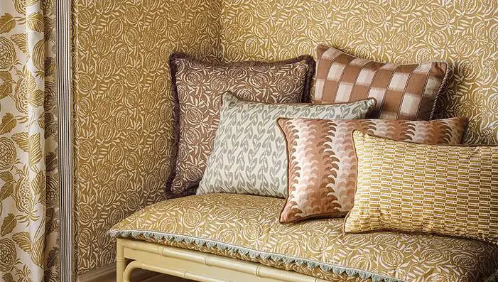 Romo Averly and Lowen readymade cushions featuring pomegranate prints, playful stripes, geometric patterns and decorative piping