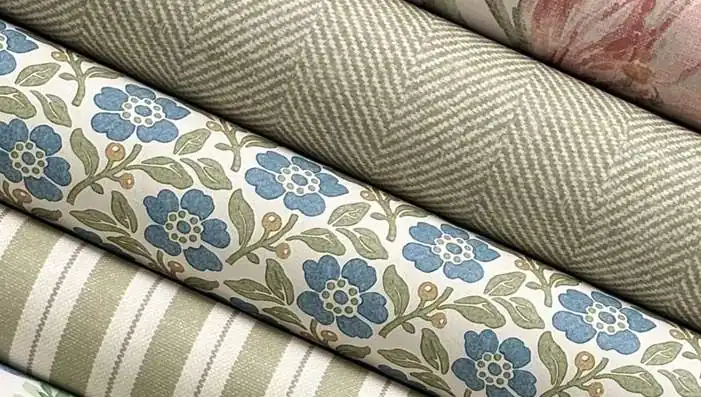 Mulberry Garden Party wallpapers featuring meadow botanicals, delicate sprigs and traditional plaid patterns