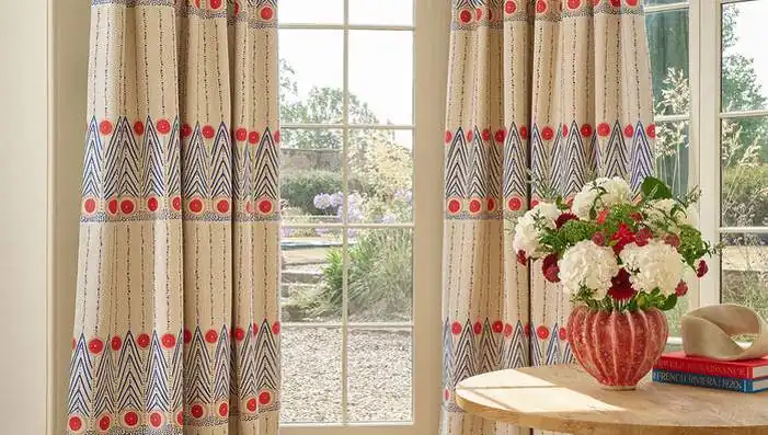 Linwood Hula geometric fabrics with printed linen and embroidery