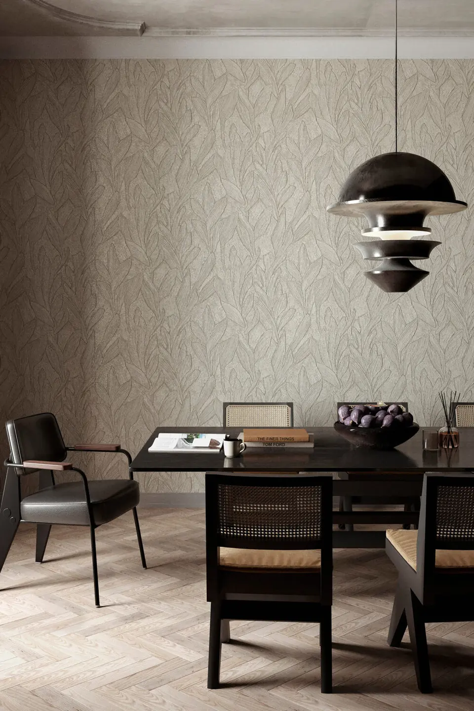 Arte ‘Piante’ embossed vinyl wallpaper in Dauphin—leaf relief behind a dining table