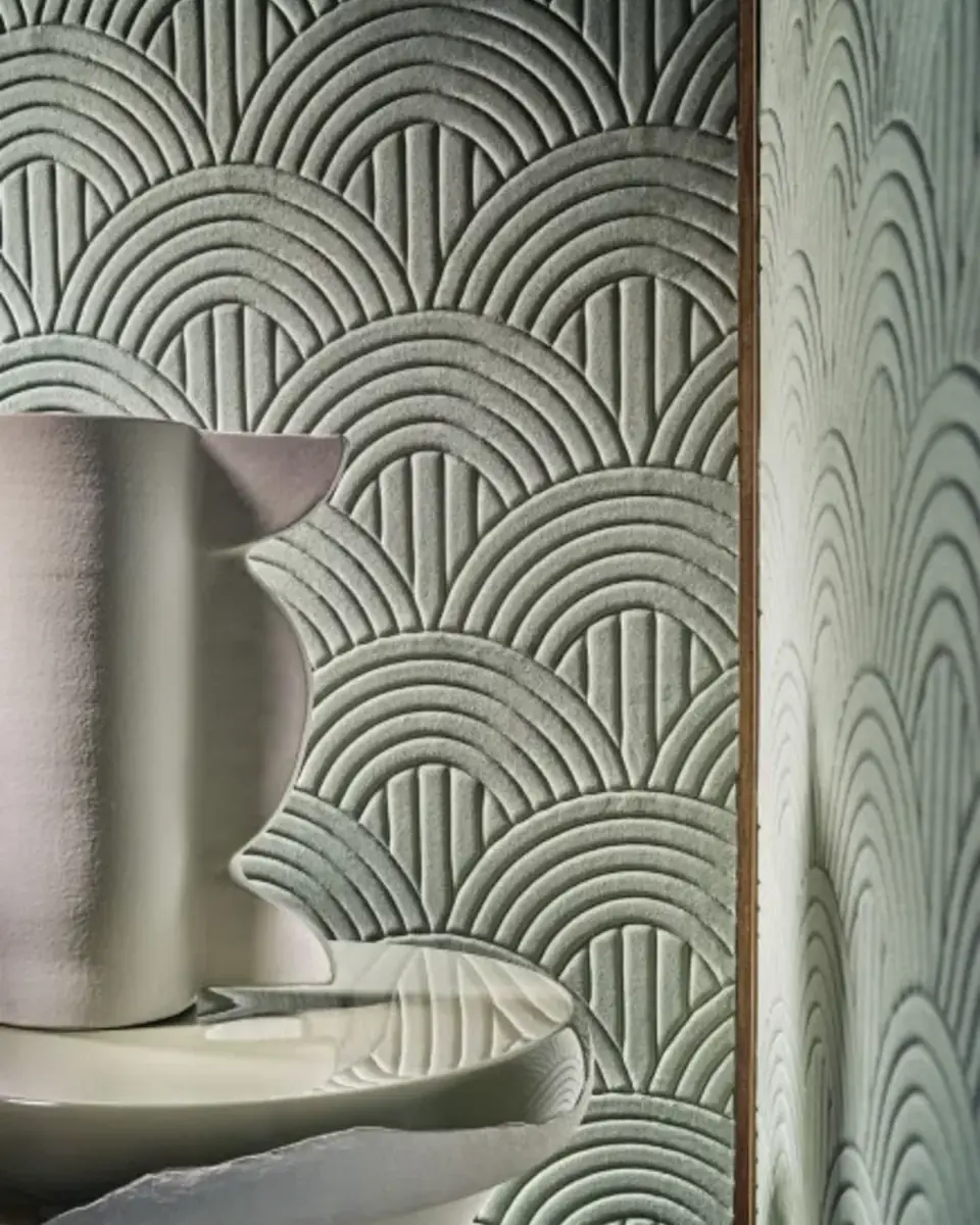 Casamance Volutis 3D wallpaper in celadon with soft arch motif