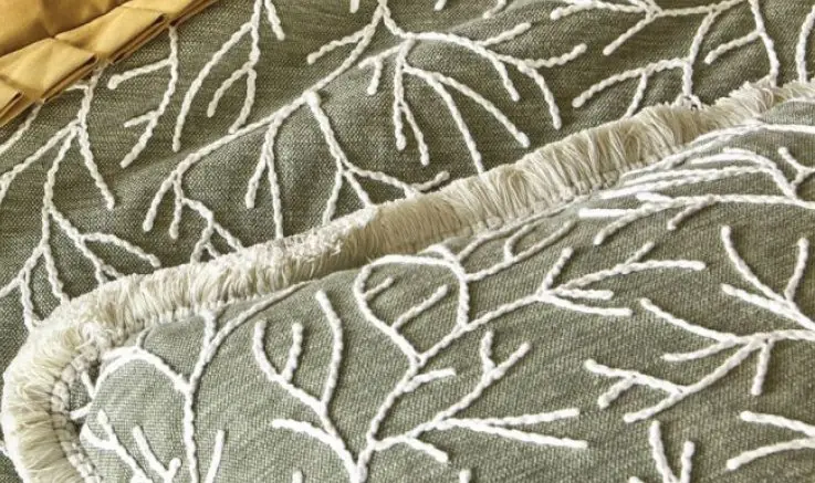 Close-up of Cerelia fabric by Villa Nova showing green embroidered upholstery with white branch detailing and fringe trim