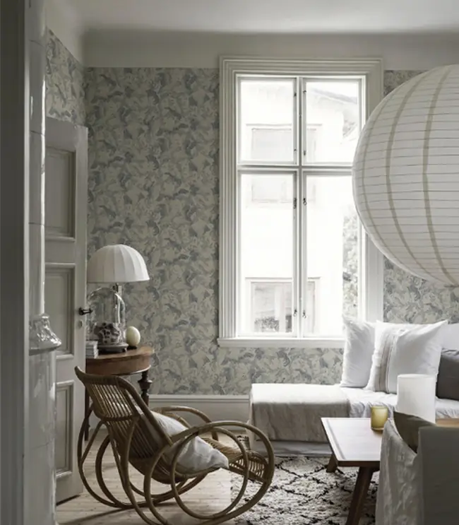 Dancing Crane Scandinavian bird wallpaper with elegant cranes and reeds in soft, calming tones
