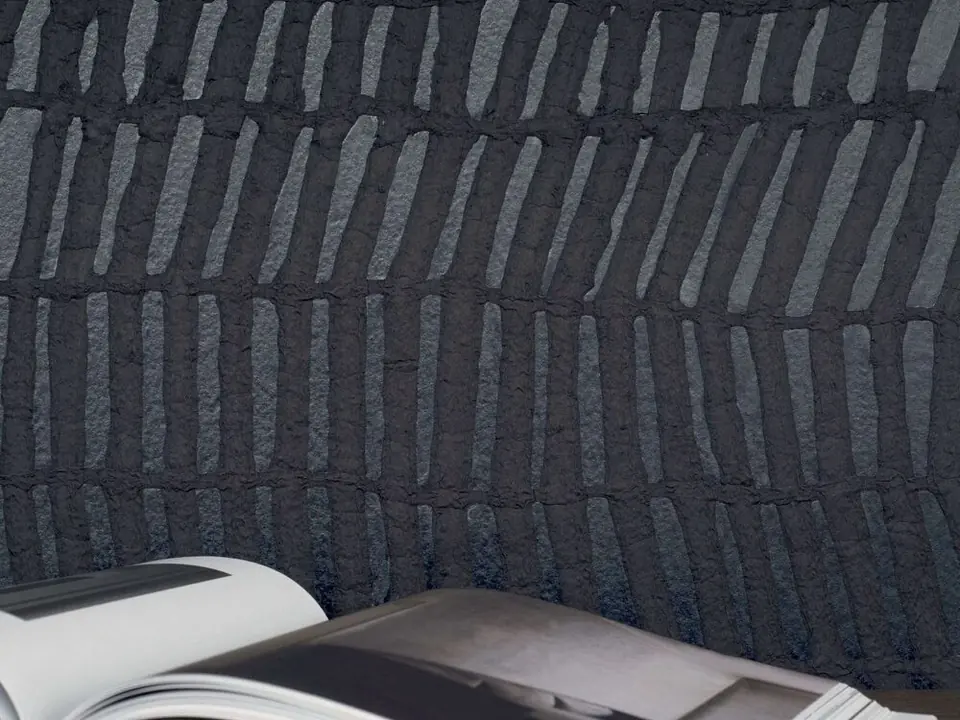 Élitis ‘Amakusa’ Paper Sculpture wallcovering in charcoal with raised, irregular strokes