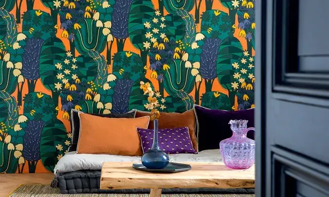 Coordinating Fabric and Wallpaper by colour Brocéliande by Elitis