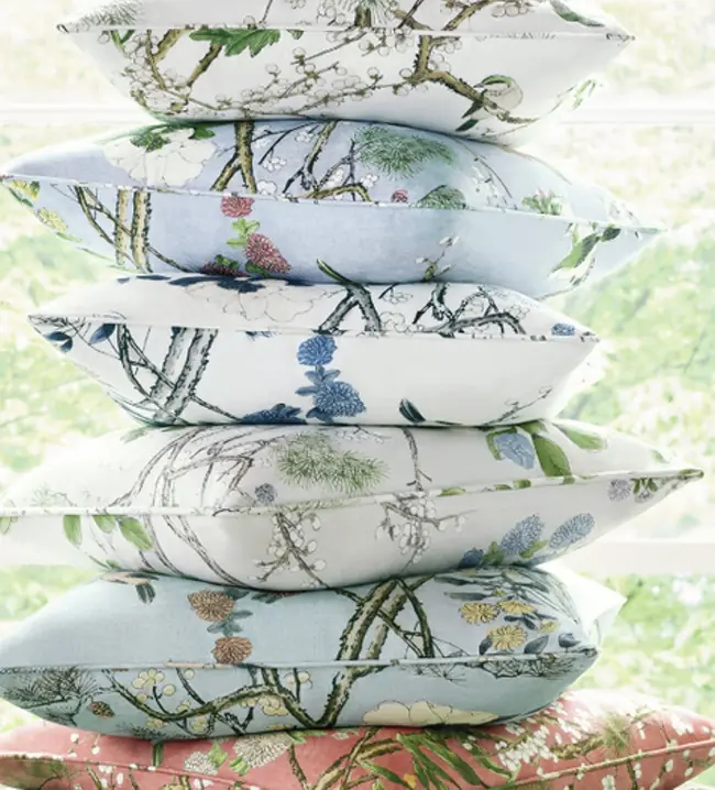 Katsura bird fabric by Thibaut showing perched birds among bamboo on a neutral ground, suitable for curtains and upholstery