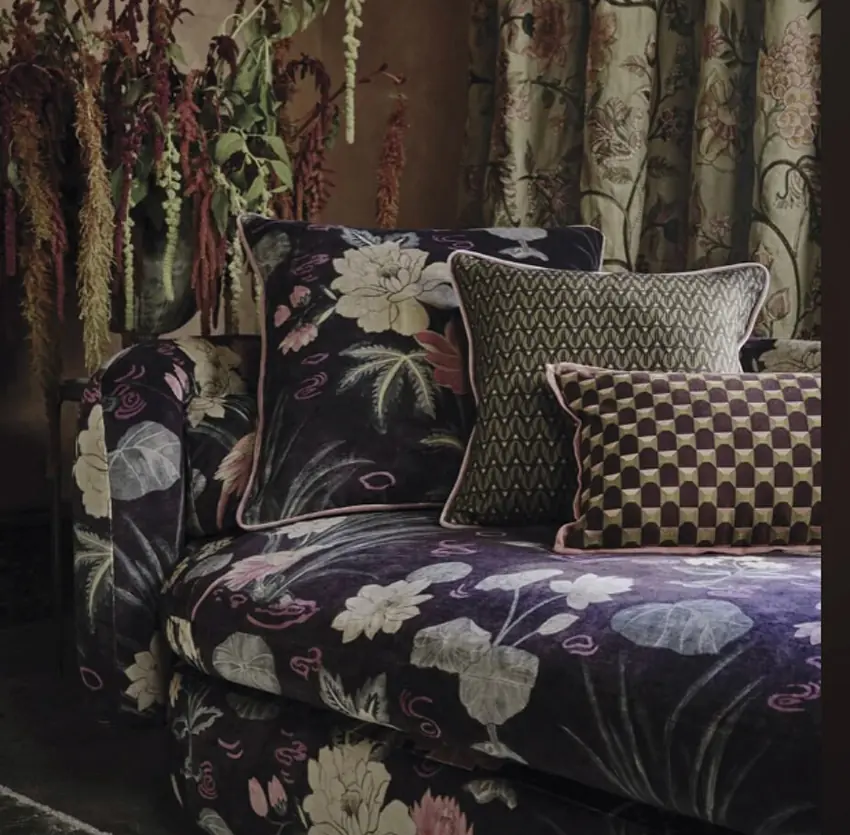 Liberty Lotus Garden bird fabric with delicate birds, florals and foliage for curtains and cushions