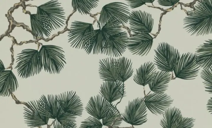 Pine wallpaper by Sandberg showing stylised green pine needles and branches on a soft neutral background