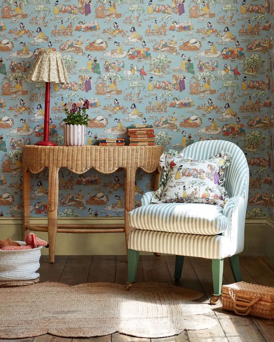 Sanderson Disney Snow White wallpaper styled with vintage desk and cabinet