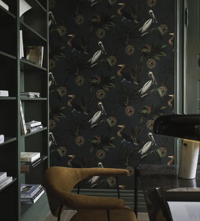 Sapphire Birds luxury bird wallpaper in deep tones with exotic birds and foliage for statement feature walls