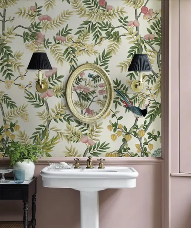 Liberty Silk Tree floral bird wallpaper with songbirds perched among blossom-laden branches