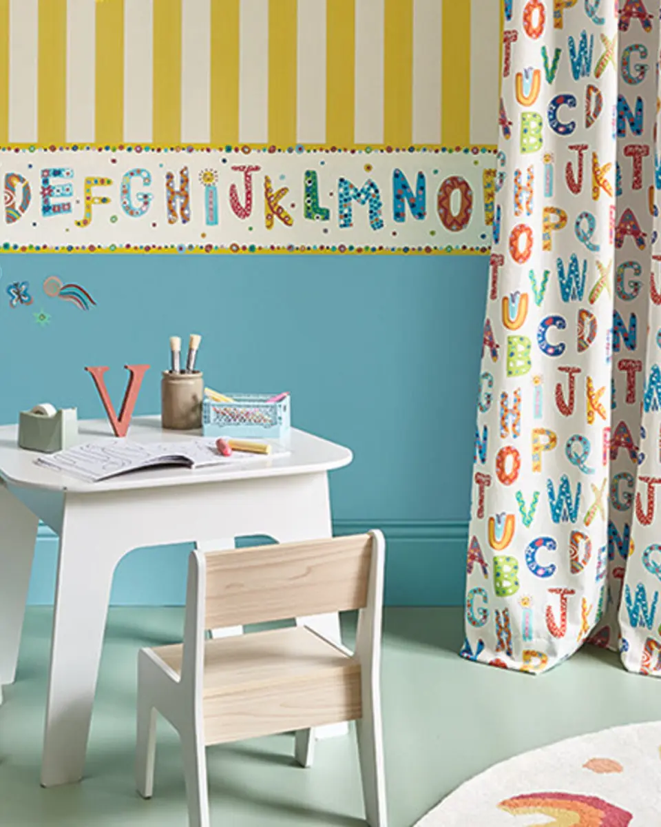 Villa Nova Candy Stripe wallpaper with ABC fabric curtains