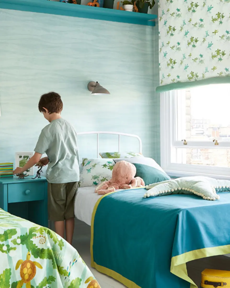 Horizon wallpaper and Tiny Turtles fabric by Frann Preston-Gannon for Villa Nova