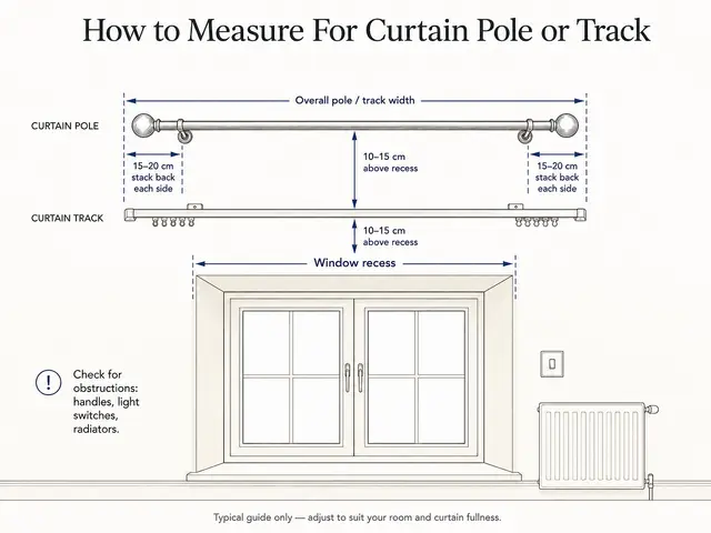 Illustrated guide showing typical curtain pole and track positioning above and beyond a window recess