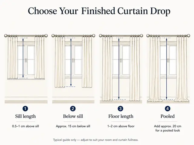 Illustrated guide showing where to start measuring curtain drop for pleated curtains on rings and eyelet or tab top curtains