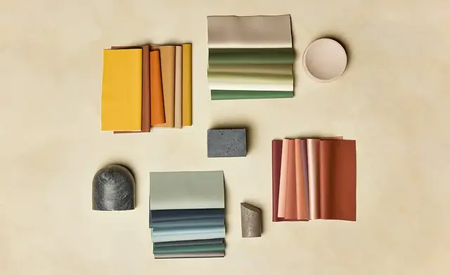 Faux leather samples in warm, neutral, green and blue colourways