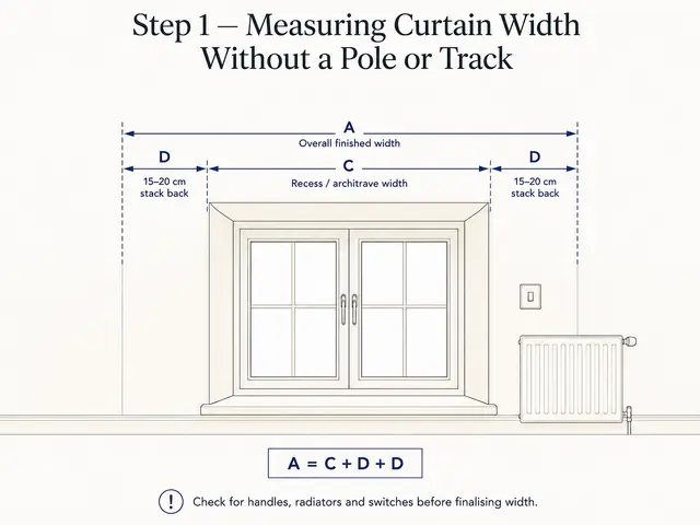 Diagram showing how to measure a window and add side allowances when a curtain pole or track is not yet fitted