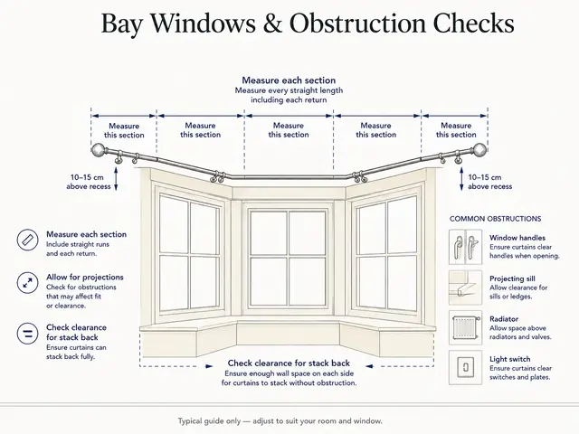 Illustrated bay window measuring guide showing separate sections and common curtain obstructions