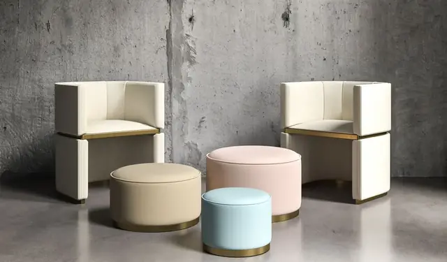 Pastel vinyl upholstery on contemporary contract chairs and stools