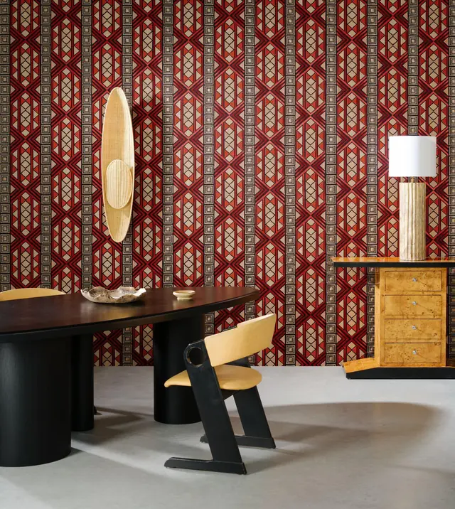 Arte Filigrana embroidered red Art Deco wallcovering in a luxurious interior